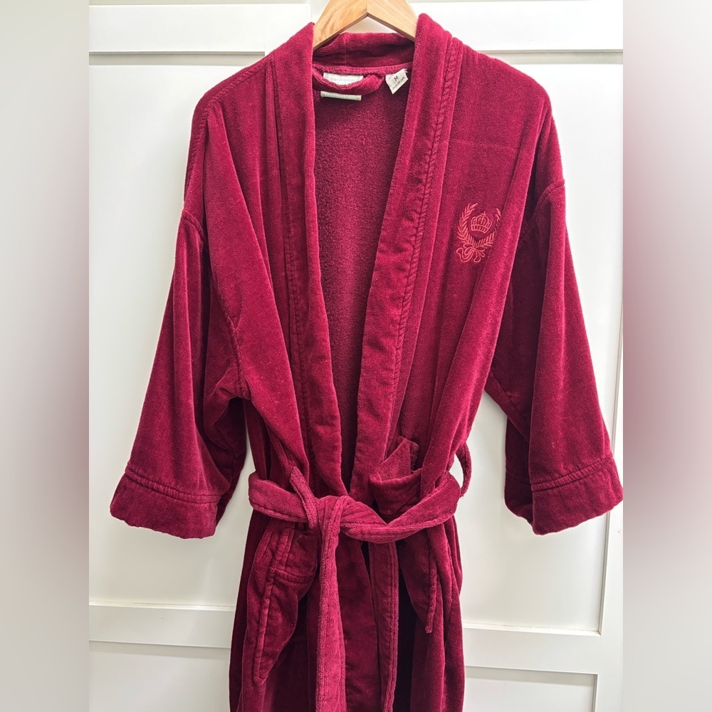 TJ Lawford Turkish Cotton Robe Womens  Medium Red Crown crest Terrycloth Belted - Picture 3 of 10